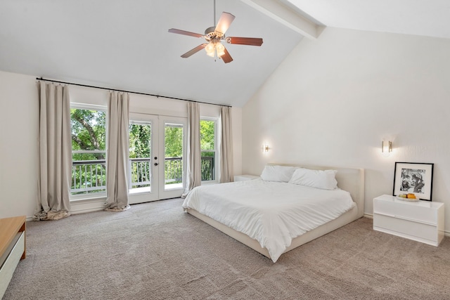 201 Forest Trce, Rockwall, TX 75087 - bedroom featuring access to outside, carpet, beamed ceiling, high vaulted ceiling, and a ceiling fan