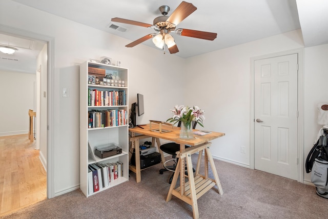 201 Forest Trce, Rockwall, TX 75087 - office area featuring attic access, a ceiling fan, and carpet flooring