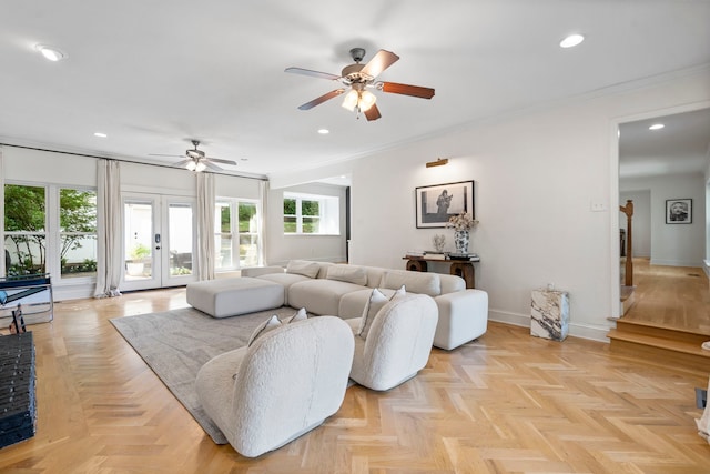 201 Forest Trce, Rockwall, TX 75087 - living area featuring a ceiling fan, recessed lighting, baseboards, french doors, and ornamental molding
