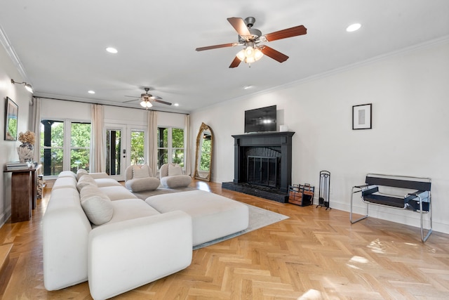 201 Forest Trce, Rockwall, TX 75087 - living area with ceiling fan, recessed lighting, crown molding, a fireplace with raised hearth, and baseboards