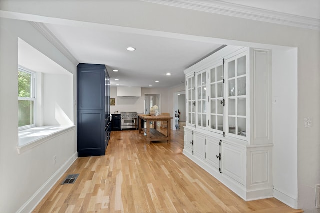 201 Forest Trce, Rockwall, TX 75087 - kitchen with stainless steel stove, light wood-style floors, ornamental molding, baseboards, and blue cabinetry