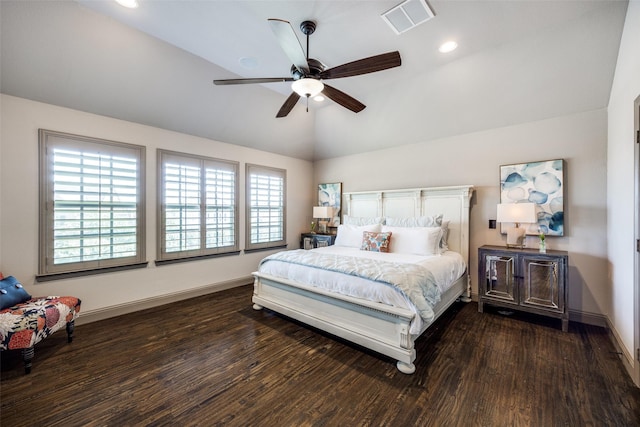 4944 Sage Hill Dr, Carrollton, TX 75010 - bedroom with lofted ceiling, wood finished floors, baseboards, a ceiling fan, and recessed lighting