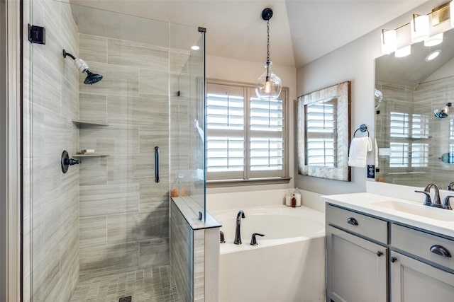 4944 Sage Hill Dr, Carrollton, TX 75010 - bathroom with vaulted ceiling, a stall shower, vanity, and a bath