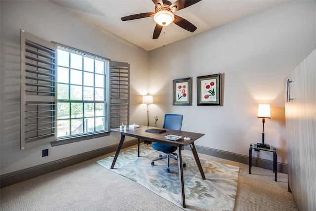 4944 Sage Hill Dr, Carrollton, TX 75010 - office area with carpet flooring, ceiling fan, baseboards, and vaulted ceiling