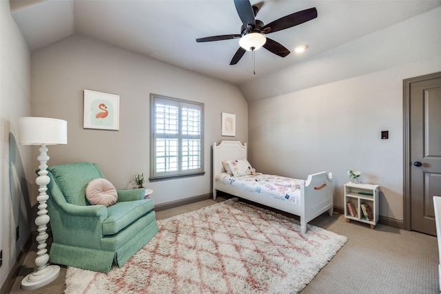 4944 Sage Hill Dr, Carrollton, TX 75010 - bedroom with vaulted ceiling, light carpet, a ceiling fan, and baseboards