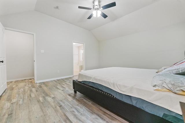 7804 Rampston Pl, Fort Worth, TX 76137 - bedroom featuring vaulted ceiling, light wood-style floors, baseboards, a ceiling fan, and ensuite bathroom