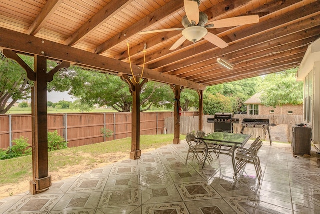 7804 Rampston Pl, Fort Worth, TX 76137 - view of patio / terrace with a fenced backyard, ceiling fan, outdoor dining space, and grilling area