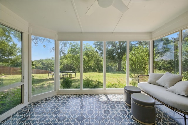 2006 Country Oaks Dr, Garland, TX 75040 - sunroom featuring a ceiling fan, plenty of natural light, and view of scattered trees