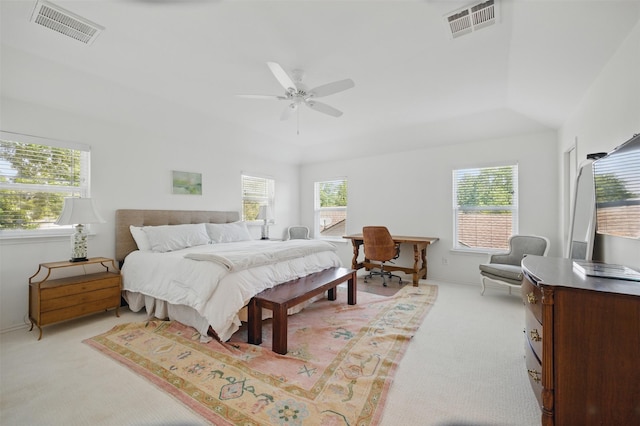 2006 Country Oaks Dr, Garland, TX 75040 - bedroom featuring light colored carpet, multiple windows, an office area, ceiling fan, and vaulted ceiling