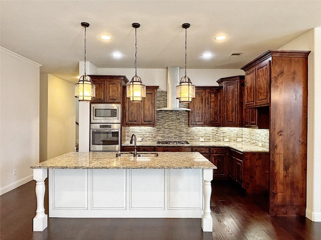 3037 Crestwater Rdg, Keller, TX 76248 - kitchen featuring stainless steel appliances, a sink, wall chimney range hood, decorative backsplash, and a kitchen island with sink