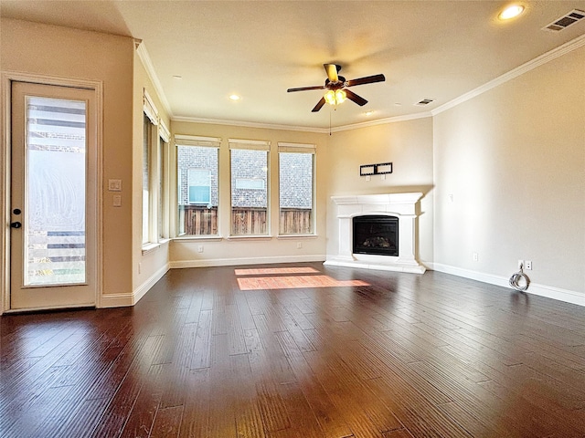 3037 Crestwater Rdg, Keller, TX 76248 - unfurnished living room featuring ceiling fan, dark wood-style flooring, ornamental molding, a glass covered fireplace, and baseboards