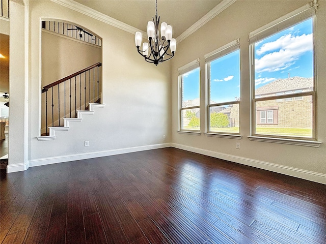 3037 Crestwater Rdg, Keller, TX 76248 - spare room featuring ornamental molding, a chandelier, dark wood-type flooring, stairway, and baseboards