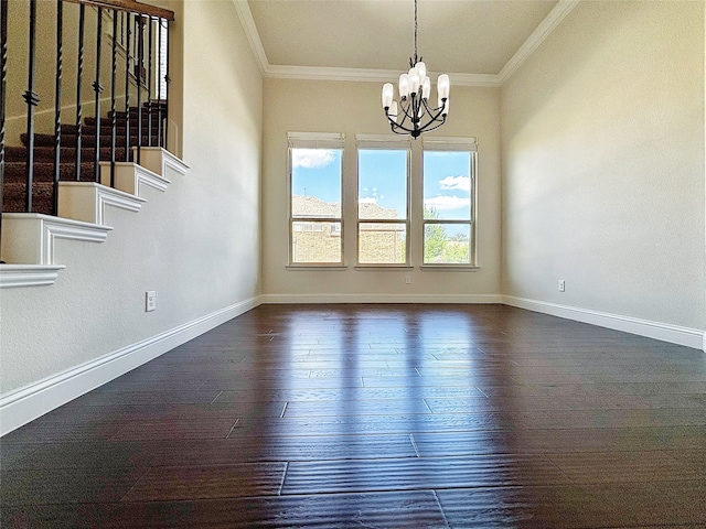 3037 Crestwater Rdg, Keller, TX 76248 - empty room featuring crown molding, a chandelier, dark wood-type flooring, baseboards, and stairway