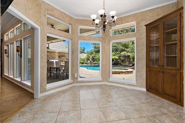 3740 Chimney Ridge Dr, Waco, TX 76708 - unfurnished dining area featuring a chandelier, ornamental molding, light tile patterned flooring, and baseboards