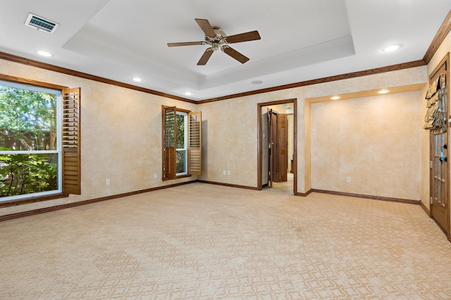 3740 Chimney Ridge Dr, Waco, TX 76708 - unfurnished room featuring ornamental molding, light carpet, a raised ceiling, recessed lighting, and ceiling fan