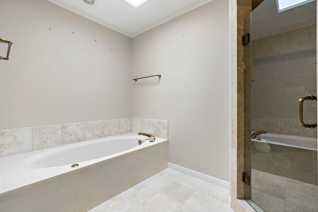3740 Chimney Ridge Dr, Waco, TX 76708 - bathroom featuring a garden tub, a stall shower, and ornamental molding