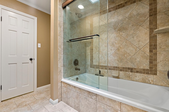 3740 Chimney Ridge Dr, Waco, TX 76708 - bathroom with crown molding, tiled shower / bath, tile patterned flooring, and baseboards