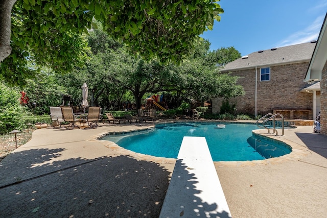 3740 Chimney Ridge Dr, Waco, TX 76708 - outdoor pool featuring a patio, a playground, and a diving board