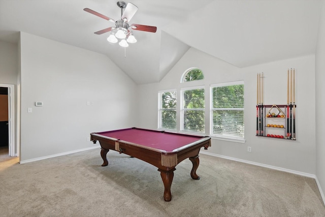 1601 Manchester Way, Corinth, TX 76210 - recreation room with carpet, a ceiling fan, billiards, baseboards, and lofted ceiling