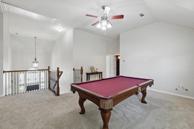 1601 Manchester Way, Corinth, TX 76210 - playroom featuring attic access, carpet floors, high vaulted ceiling, ceiling fan, and baseboards