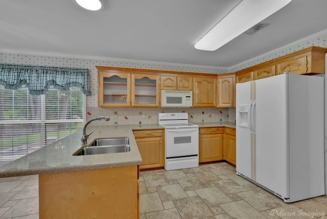 1403 Whispering Pines Dr, Minden, LA 71055 - kitchen featuring white appliances, ornamental molding, a sink, a peninsula, and light stone finish flooring