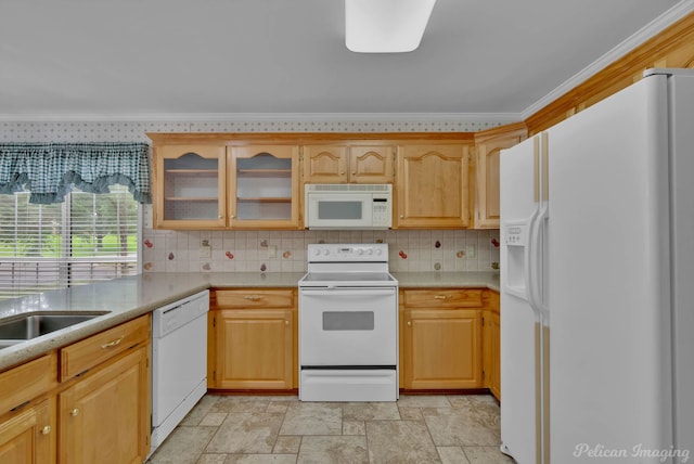 1403 Whispering Pines Dr, Minden, LA 71055 - kitchen featuring white appliances, crown molding, light countertops, decorative backsplash, and glass insert cabinets