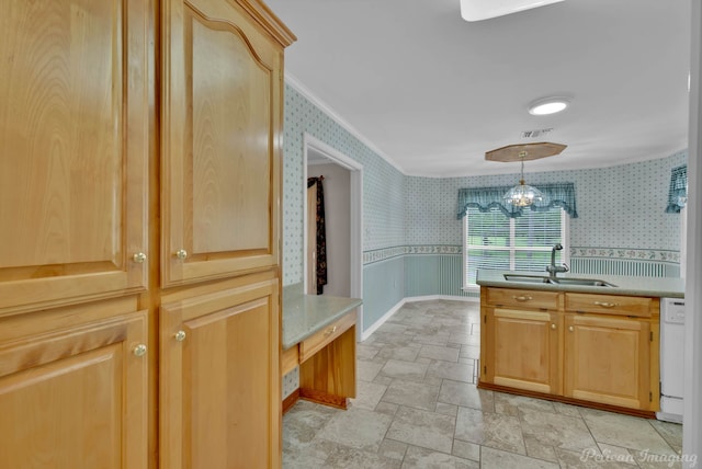1403 Whispering Pines Dr, Minden, LA 71055 - kitchen featuring wallpapered walls, a sink, light stone finish flooring, ornamental molding, and light brown cabinetry