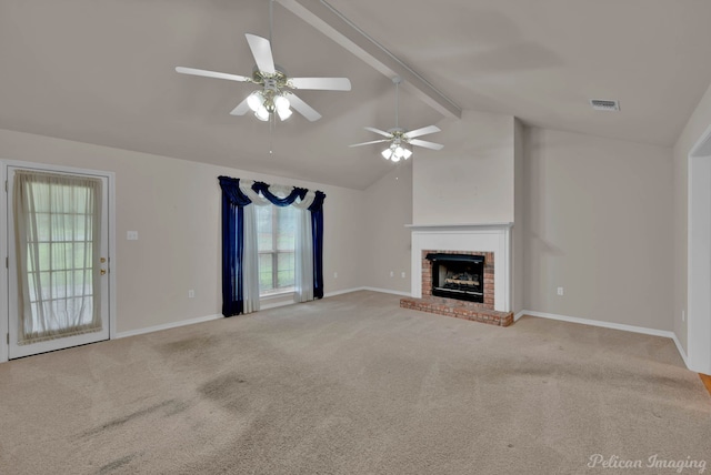 1403 Whispering Pines Dr, Minden, LA 71055 - unfurnished living room featuring a brick fireplace, ceiling fan, carpet floors, and baseboards