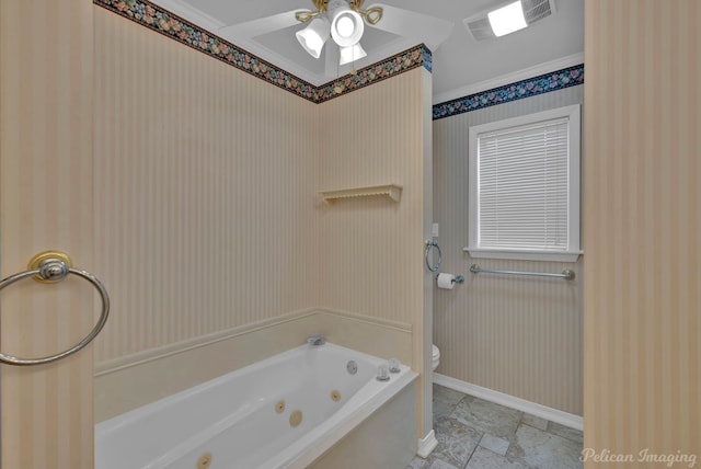 1403 Whispering Pines Dr, Minden, LA 71055 - full bath with a jetted tub, baseboards, wallpapered walls, toilet, and a ceiling fan