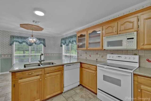 1403 Whispering Pines Dr, Minden, LA 71055 - kitchen with white appliances, a sink, wallpapered walls, stone tile floors, and a peninsula