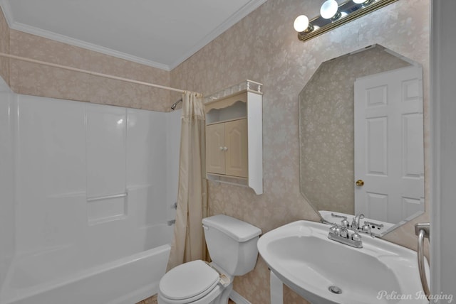 1403 Whispering Pines Dr, Minden, LA 71055 - full bathroom featuring wallpapered walls, toilet, a sink, shower / tub combo, and ornamental molding