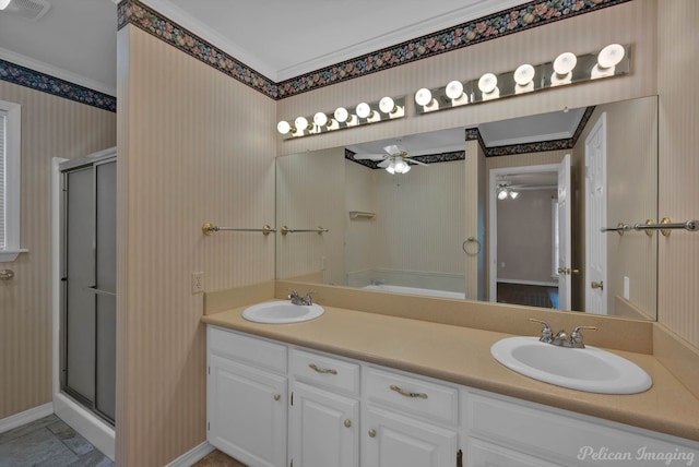 1403 Whispering Pines Dr, Minden, LA 71055 - full bath with wallpapered walls, a ceiling fan, double vanity, a stall shower, and baseboards