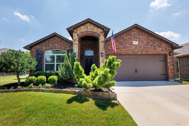 10804 Abbeyglen Ct, Fort Worth, TX 76052 - french country home with brick siding, concrete driveway, a front yard, and an attached garage