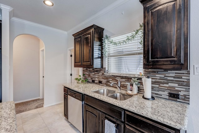 10804 Abbeyglen Ct, Fort Worth, TX 76052 - kitchen featuring stainless steel dishwasher, a sink, arched walkways, dark brown cabinets, and crown molding