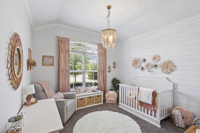 10804 Abbeyglen Ct, Fort Worth, TX 76052 - bedroom featuring dark carpet, a nursery area, vaulted ceiling, ornamental molding, and a chandelier