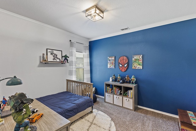 10804 Abbeyglen Ct, Fort Worth, TX 76052 - bedroom with crown molding, carpet floors, baseboards, and a textured ceiling