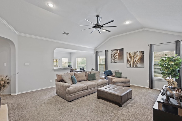 10804 Abbeyglen Ct, Fort Worth, TX 76052 - carpeted living room featuring arched walkways, a ceiling fan, vaulted ceiling, baseboards, and recessed lighting