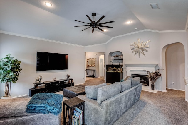 10804 Abbeyglen Ct, Fort Worth, TX 76052 - living area with arched walkways, ceiling fan, lofted ceiling, crown molding, and carpet