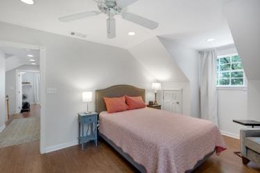 7095 Lance Ln, Eustace, TX 75124 - bedroom featuring wood finished floors, vaulted ceiling, baseboards, recessed lighting, and ceiling fan