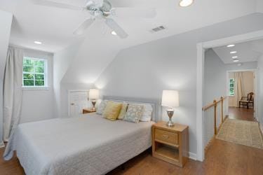 7095 Lance Ln, Eustace, TX 75124 - bedroom with wood finished floors, recessed lighting, lofted ceiling, a ceiling fan, and baseboards