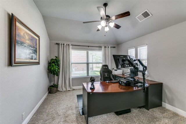936 Mangrove Dr, Fate, TX 75087 - office with vaulted ceiling, carpet floors, a ceiling fan, and baseboards