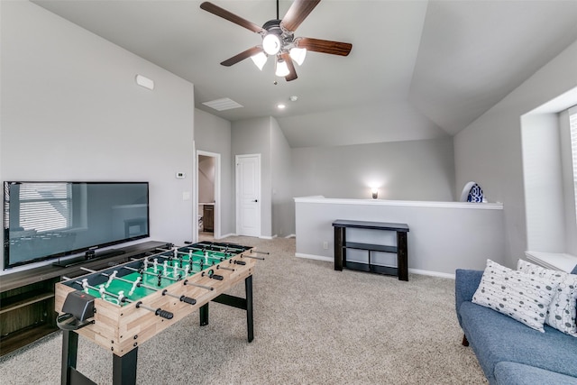 936 Mangrove Dr, Fate, TX 75087 - rec room featuring a ceiling fan, carpet flooring, baseboards, and vaulted ceiling