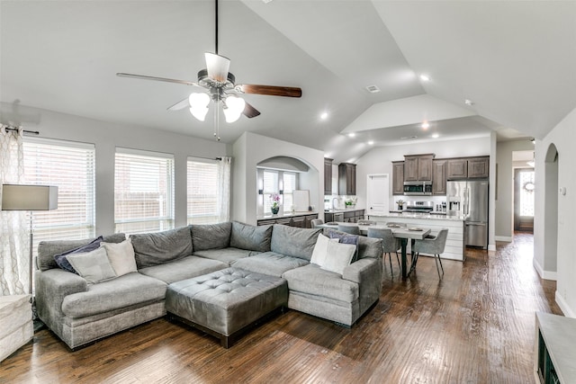 936 Mangrove Dr, Fate, TX 75087 - living area with a ceiling fan, vaulted ceiling, dark wood finished floors, and recessed lighting