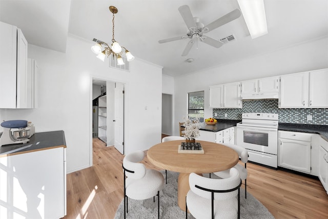 1300 Chapel Downs Rd, Waco, TX 76712 - kitchen with white electric range oven, white cabinetry, under cabinet range hood, and dark countertops