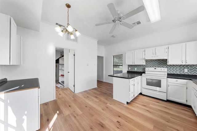 1300 Chapel Downs Rd, Waco, TX 76712 - kitchen with white range with electric stovetop, a peninsula, white cabinets, dark countertops, and crown molding