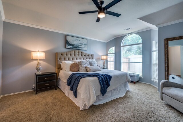 8209 Clear Bay Dr, Mckinney, TX 75072 - bedroom featuring ornamental molding, carpet, lofted ceiling, baseboards, and ceiling fan