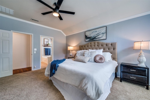 8209 Clear Bay Dr, Mckinney, TX 75072 - carpeted bedroom featuring ornamental molding, baseboards, lofted ceiling, a ceiling fan, and ensuite bath