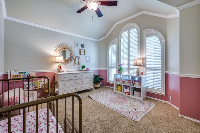 8209 Clear Bay Dr, Mckinney, TX 75072 - bedroom with multiple windows, a crib, carpet flooring, lofted ceiling, and crown molding