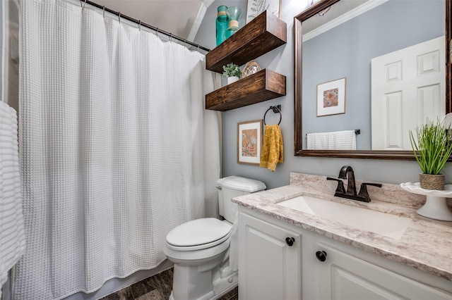 8209 Clear Bay Dr, Mckinney, TX 75072 - full bath featuring toilet, wood finished floors, vanity, and a shower with curtain
