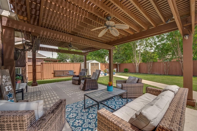 8209 Clear Bay Dr, Mckinney, TX 75072 - view of patio with a ceiling fan, a shed, outdoor lounge area, and an outbuilding